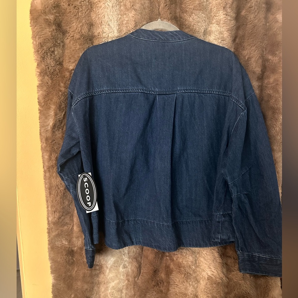Women's Dark Blue Denim Jacket with Collarless Design - Picture 3 of 4